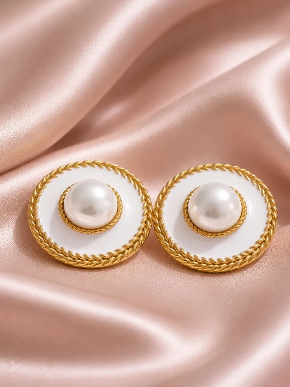 White Pearl Button Gold Earrings